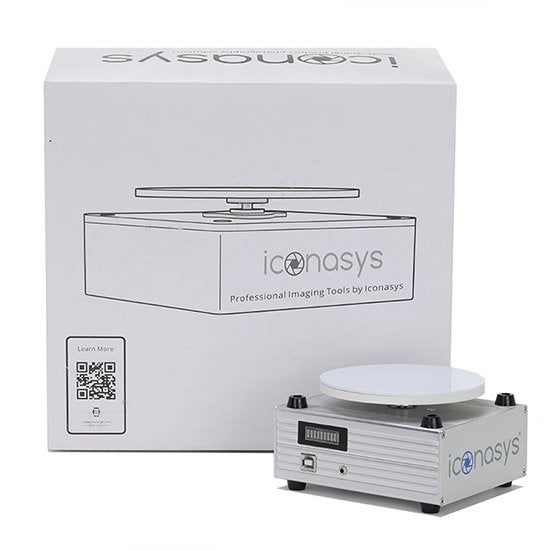 Silver jewelry photography turntable and packaging for professional imaging tools.