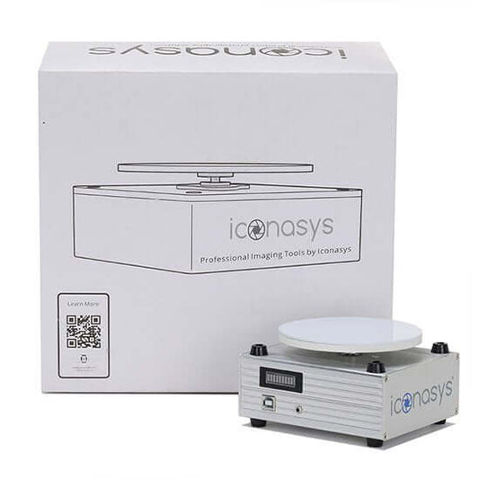 Silver jewelry photography turntable and packaging for professional imaging tools.