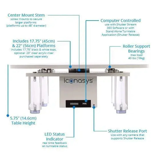 Diagram of Iconasys large photography turntable features, including height, platform sizes, and shutter release port.