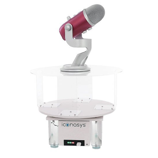 Silver Risers for Silver Series Turntables with a microphone on a display turntable.