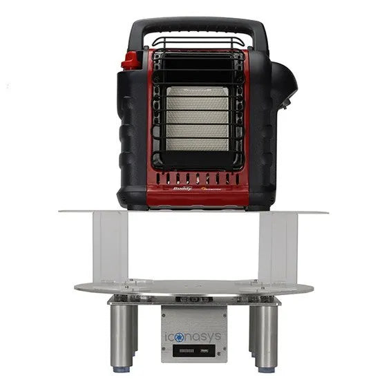 360 product photography turntable showcasing a portable electric heater on a clear display platform.