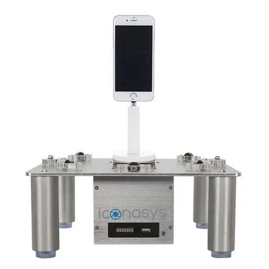 360 product photography turntable with smartphone holder and control panel for precise imaging.