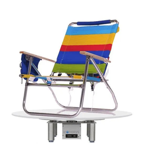 360 product photography turntable showcasing a colorful striped beach chair on a rotating platform.