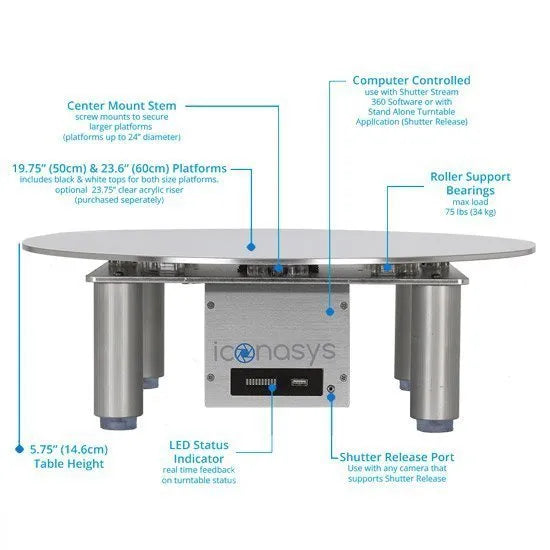 SilverLumi XL 360 Product Photography Bundle features and specifications diagram for the turntable.