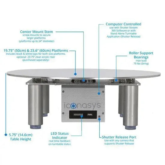 SilverLumi XL 360 Product Photography Bundle features and specifications diagram for the turntable.