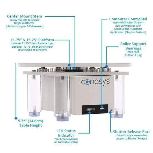 360 product photography turntable features labeled image showing dimensions and specifications for optimal use.