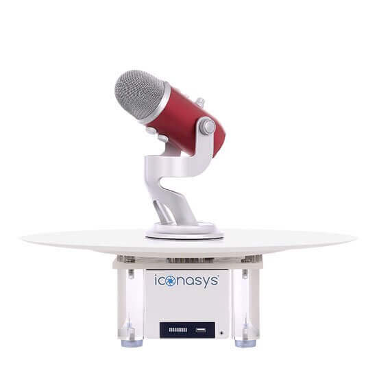 360 product photography turntable with a red microphone on a white platform, ideal for seamless image capture.