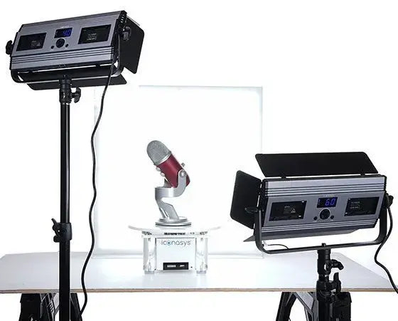 360 product photography turntable setup with lighting for capturing product images.