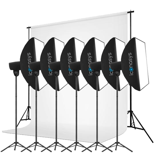 Six LED studio lighting kit for professional photography setup with softboxes and backdrop.