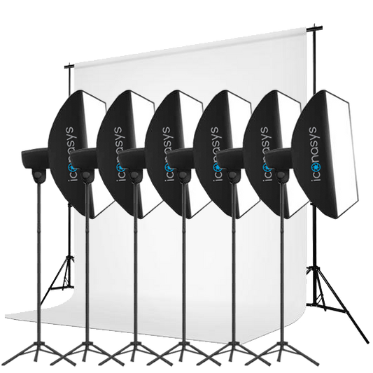 Six LED studio lighting kit for professional photography setup with softboxes and backdrop.