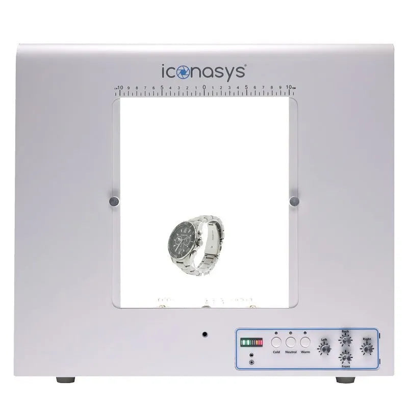 360 jewelry photography light box displaying a silver watch with lighting controls on the side.