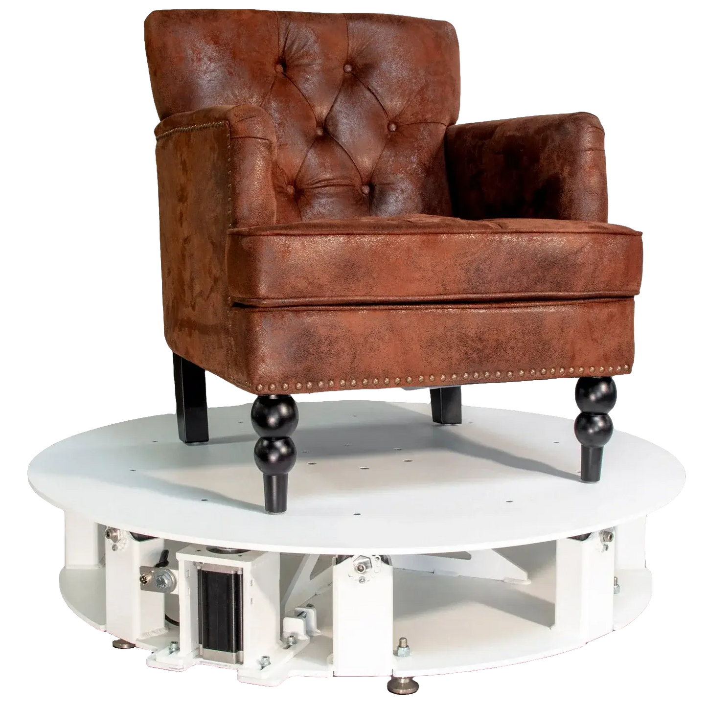 Platinum XXL turntable with a brown tufted armchair for 360 product photography display.