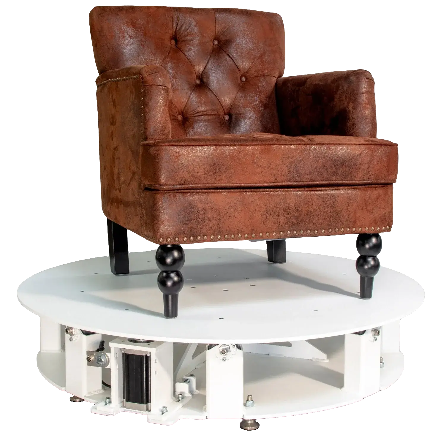 Platinum XXL turntable with a brown tufted armchair for 360 product photography display.