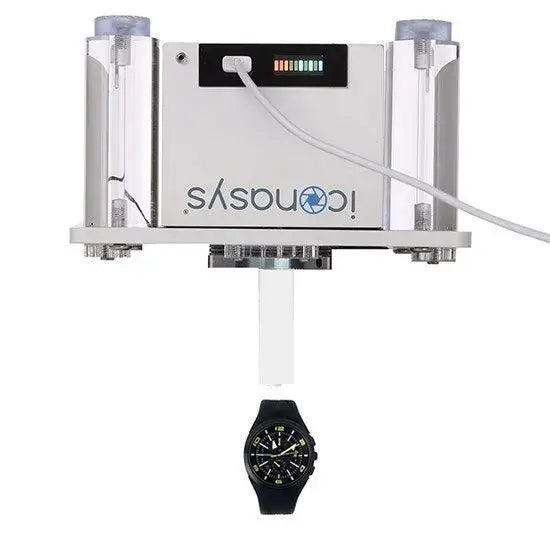 360 product photography turntable showcasing a black watch during the image capture process.