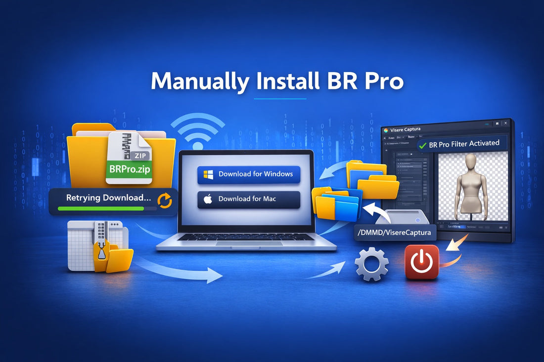 Manually Install BR Pro with icons for Windows and Mac, download progress, and filter activation graphic.