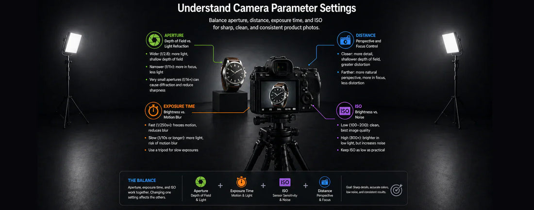 Understand Camera Parameter Settings infographic showing aperture, exposure time, and ISO settings for photography.