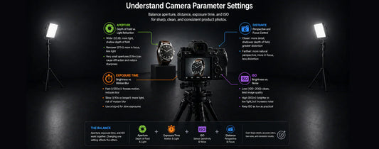 Understand Camera Parameter Settings infographic showing aperture, exposure time, and ISO settings for photography.