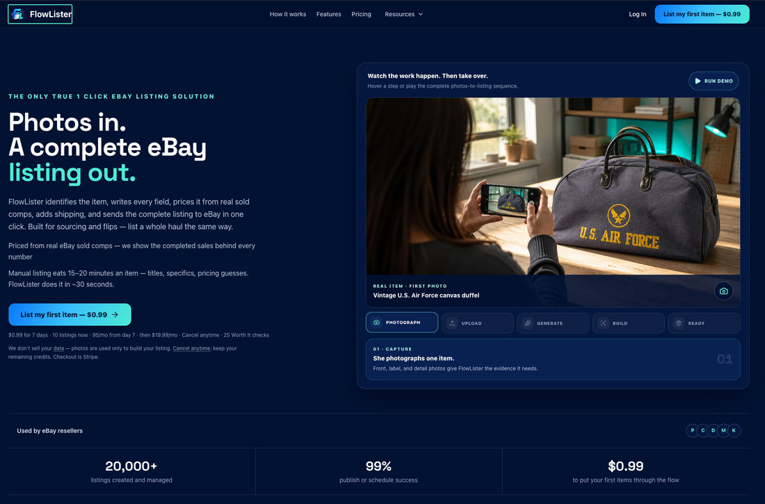 FlowLister eBay listing solution featuring product photography example.