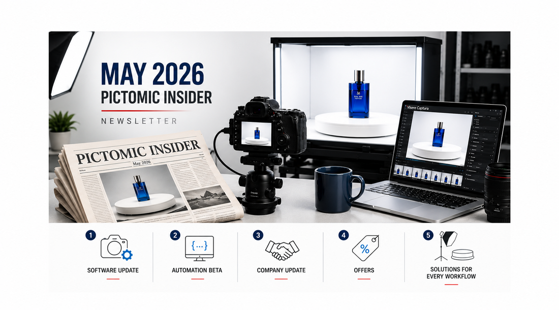 May 2026 Pictomic Insider Newsletter screenshot featuring product photography setup and newsletter highlights.