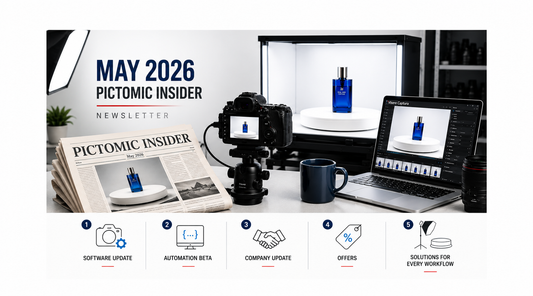 May 2026 Pictomic Insider Newsletter screenshot featuring product photography setup and newsletter highlights.