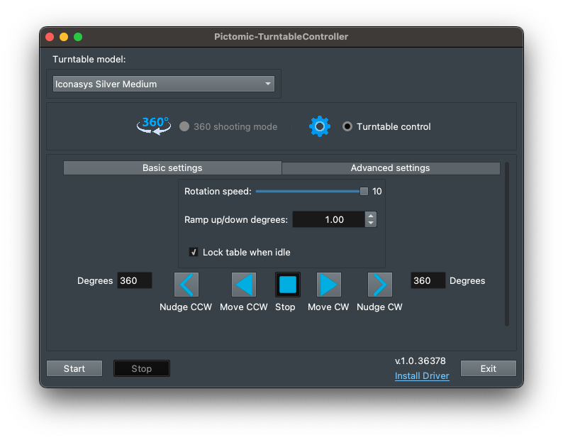 Use the Turntable Controller on Mac interface displaying settings and controls for turntable operation.