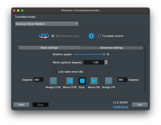 Use the Turntable Controller on Mac interface displaying settings and controls for turntable operation.