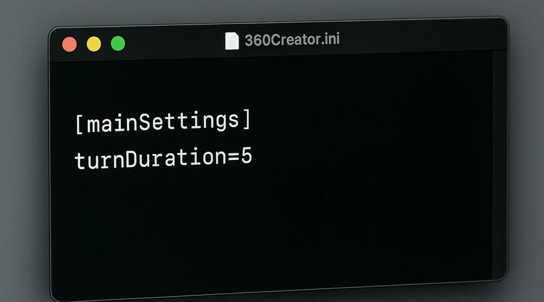 Set Custom Spin 360 Rotation Duration settings displayed on a computer screen showing turnDuration=5.