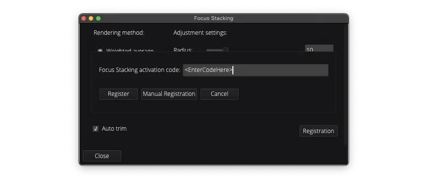 Register Focus Stacking Plugin interface showing activation code input and registration options.