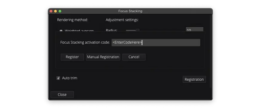 Register Focus Stacking Plugin interface showing activation code input and registration options.