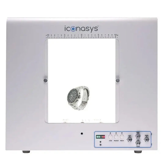360 jewelry photography light box displaying a silver watch with lighting controls on the side.
