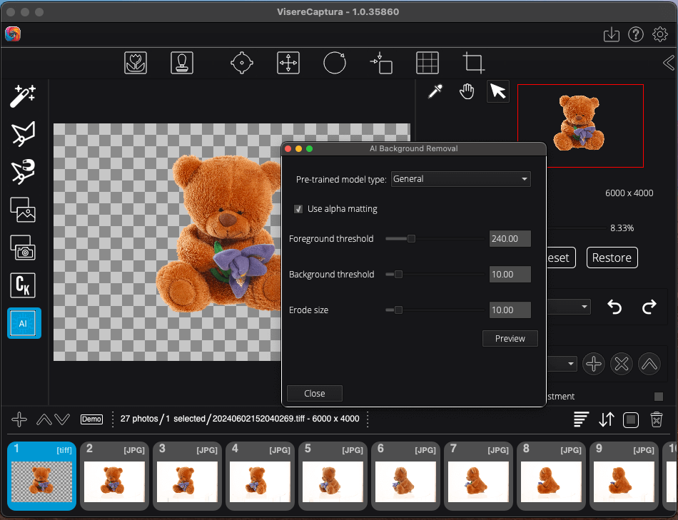 Visere Captura 360 Product Photography & Video Software interface showing background removal tool with a teddy bear image.
